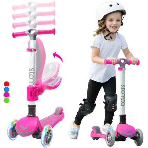 Stompa Kinder Roller 3 Jahre für Mädchen, Faltbar Kinderroller 3 Räder LED Blitzlicht, 4 Höhenverstellbarer, Kleinkind Scooter mit Sitz Rutsche Tretroller, 2 EIN 1 Kinderscooter für Alter 3-8 von stompa