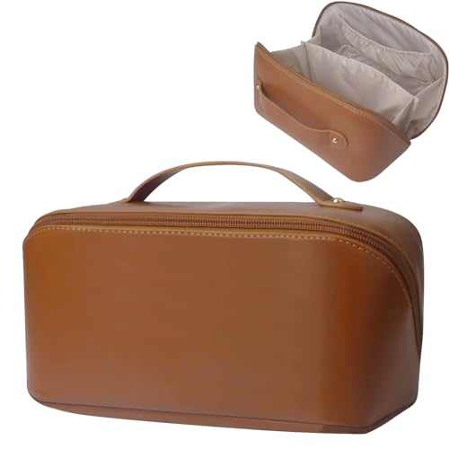 Cosmetic Bag Mit Großer Kapazität Wasserdichter Kosmetiktasche Tragbare Reisekosmetiktasche Aus Leder aus PU-Leder mit Griff und Trennwand (braun) von streeHerjjkeA1