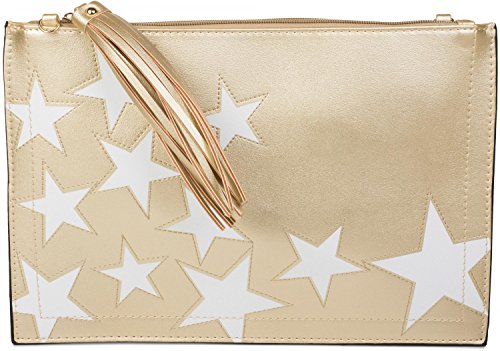 styleBREAKER Clutch mit Sterne Muster, Quasten Anhänger am Reißverschluss, Handschlaufe und Umhängegurt, Damen 02012075, Farbe:Gold von styleBREAKER