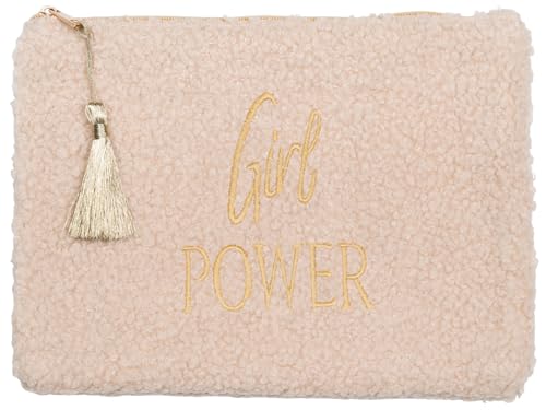 styleBREAKER Damen Beautybag Girl Power in Teddy Optik, Kosmetiktasche, Fleece Make Up Bag, Taschen Organizer 02013034, Farbe:Beige von styleBREAKER