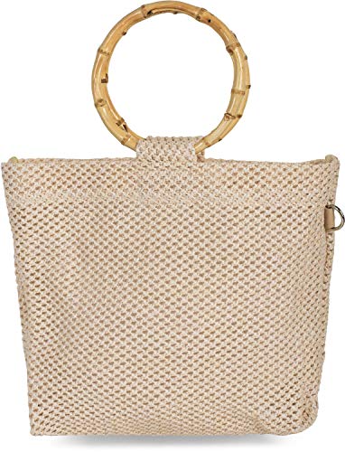 styleBREAKER Damen Henkeltasche mit Bambus Henkel in halb transparenter Häkel Optik, Handtasche, Tasche 02012286, Farbe:Beige von styleBREAKER