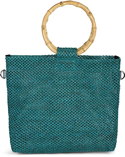 styleBREAKER Damen Henkeltasche mit Bambus Henkel in halb transparenter Häkel Optik, Handtasche, Tasche 02012286, Farbe:Petrol von styleBREAKER