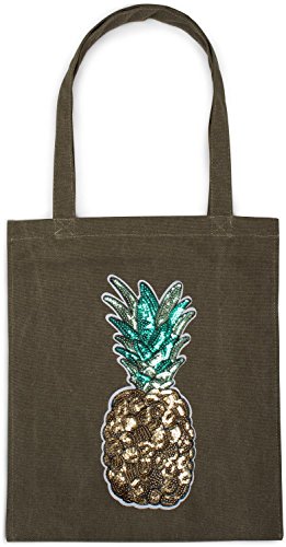 styleBREAKER Einkaufstasche mit Pailletten Ananas Applikation, Tragetasche, Canvas Stofftasche, Tasche, Unisex 02012215, Farbe:Oliv von styleBREAKER