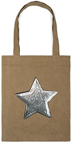 styleBREAKER Einkaufstasche mit Pailletten Stern Applikation, Tragetasche, Canvas Stofftasche, Tasche, Unisex 02012214, Farbe:Khaki von styleBREAKER