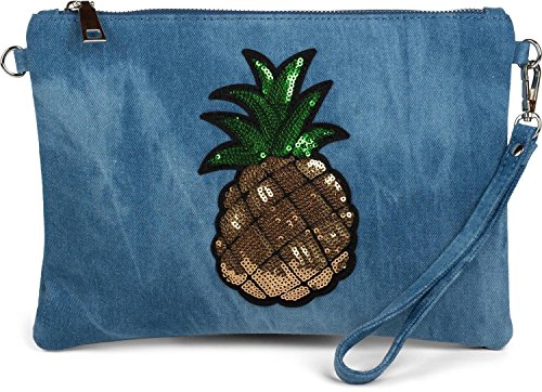 styleBREAKER Jeans Clutch mit Glitzer Pailletten Ananas, Schulterriemen und Handschlaufe, Tasche, Damen 02012176, Farbe:Blau von styleBREAKER