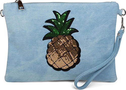 styleBREAKER Jeans Clutch mit Glitzer Pailletten Ananas, Schulterriemen und Handschlaufe, Tasche, Damen 02012176, Farbe:Hellblau von styleBREAKER