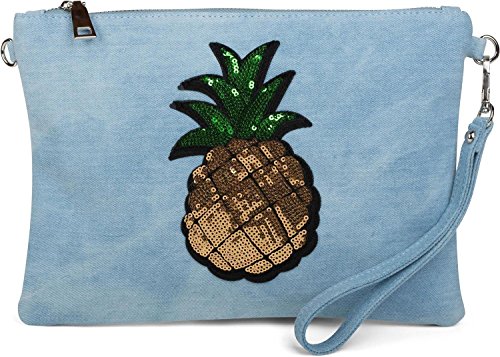 styleBREAKER Jeans Clutch mit glitzer Pailletten Ananas, Schulterriemen und Handschlaufe, Tasche, Damen 02012176, Farbe:Hellblau styleBREAKER Jeans Clutch mit glitzer Pailletten Ananas, Schulterriemen und Handschlaufe, Tasche, Damen 02012176, Farbe:Hellblau von styleBREAKER