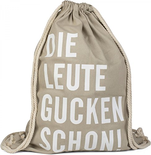 styleBREAKER Statement Turnbeutel mit 'DIE Leute GUCKEN Schon!' Aufdruck, Rucksack, Sportbeutel, Beutel, Unisex 02012141, Farbe:Beige von styleBREAKER