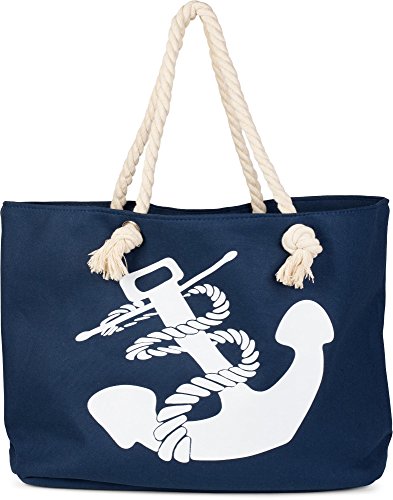 styleBREAKER Strandtasche in Flecht Optik mit Anker Print, Shopper, Badetasche, Damen 02012077, Farbe:Dunkelblau-Weiß von styleBREAKER