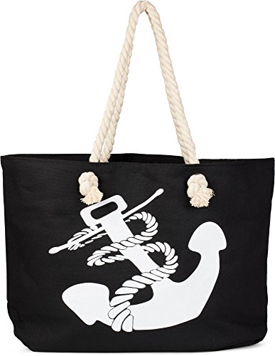styleBREAKER Strandtasche in Flecht Optik mit Anker Print, Shopper, Badetasche, Damen 02012077, Farbe:Schwarz-Weiß von styleBREAKER