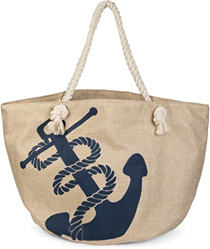 styleBREAKER Strandtasche in Flechtoptik mit Anker Print und Reißverschluss, Shopper, Badetasche, Damen 02012077, Farbe:Beige-Blau von styleBREAKER