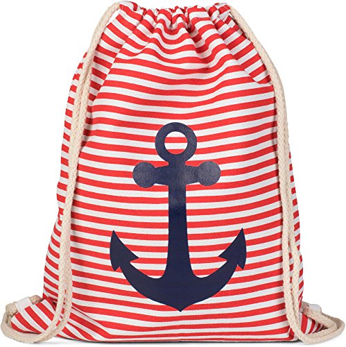 styleBREAKER Turnbeutel Rucksack im maritimen Design mit Streifen und Anker Print, Sportbeutel, Unisex 02012052, Farbe:Rot-Weiß/Marine von styleBREAKER