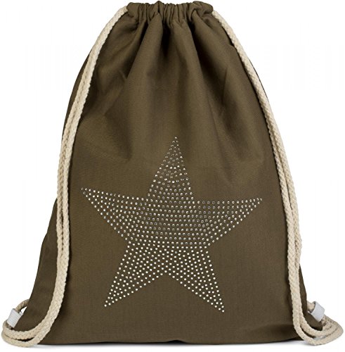 styleBREAKER Turnbeutel mit Strass Stern Applikation, Glitzerstein Rucksack, Beutel, Unisex 02012123, Farbe:Oliv von styleBREAKER