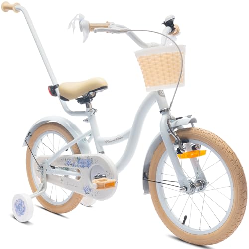 Flower Bike Mädchenfahrrad, 12, 14, 16 Zoll Radgröße zur Auswahl, mit Abnehmbarer Schubstange, Kinderfahrrad für Mädchen von 2 bis 6 Jahre (Hellblau, 16 Zoll) von sun baby