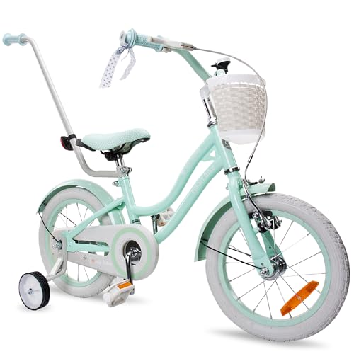 Heart Bike Mädchenfahrrad, 12/14/16 Zoll Radgröße zur Auswahl, mit Abnehmbarer Schubstange, Kinderfahrrad für Mädchen von 2 bis 6 Jahre (Silver Moon Mint, 14 Zoll) von sun baby