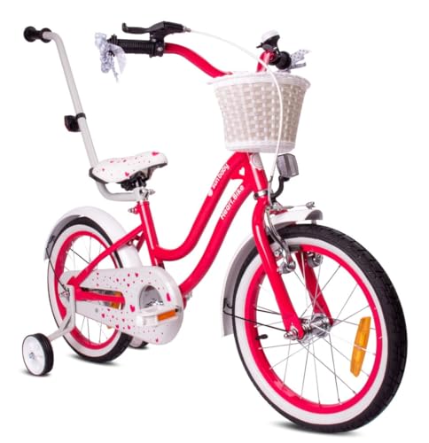 sun baby Mädchenfahrrad 16 Zoll Radgröße Heart Bike zur Auswahl, mit Abnehmbarer Schubstange, Kinderfahrrad für Mädchen von 2 bis 6 Jahre (Himbeere, 16 Zoll) von sun baby