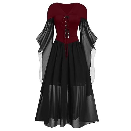 sutelang lurryly Medieval Dress Damen, Medieval Costume Women, Erwachsene Vampir Kleid Renaissance Gotisch Minikleid Trompetenärmel Kleid Karneval Party Halloween Kostüm von sutelang lurryly