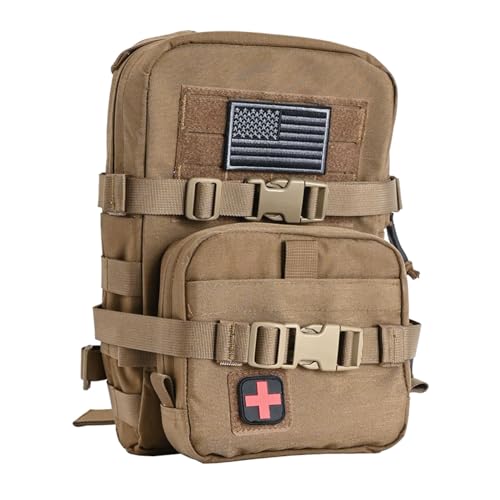 Taktischer Mini-Molle-Trinkrucksack, Molle-Trinkträger mit IFAK-Tasche & US-Flagge & Med Patch, Hydropack für 2 l Wasserblase (Coyote Brown) von tactifans