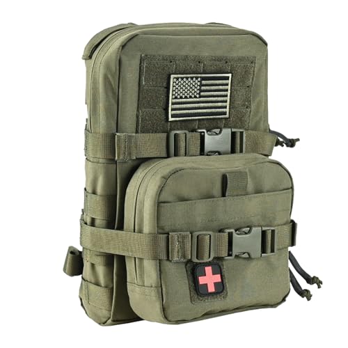 Taktischer Mini-Molle-Trinkrucksack, Molle-Trinkträger mit IFAK-Tasche & US-Flagge & Med Patch, Hydropack für 2 l Wasserblase, Ranger Green, Medium, Militärisch taktisch von tactifans