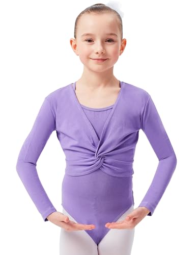 tanzmuster ® Ballettjacke Mädchen Langarm - Mia - aus sehr weichem Baumwollstoff Ballett Top zum Reinschlüpfen in lavendel, Größe 116/122 von tanzmuster