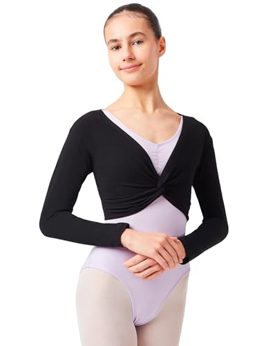 tanzmuster ® Ballettjacke Mädchen Langarm - Mia - aus sehr weichem Baumwollstoff Ballett Top zum Reinschlüpfen in schwarz, Größe 152/158 von tanzmuster