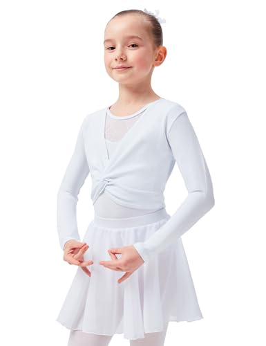 tanzmuster ® Ballettjacke Mädchen Langarm - Mia - aus sehr weichem Baumwollstoff Ballett Top zum Reinschlüpfen in weiß, Größe 92/98 von tanzmuster