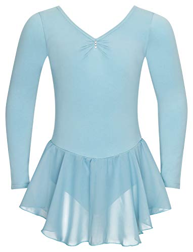 tanzmuster ® Ballettkleid Mädchen Langarm - Anna - aus weichem Baumwollstoff mit Glitzersteinen und Chiffon Röckchen fürs Kinder Ballett Ballettbodyin hellblau, Größe:116/122 von tanzmuster