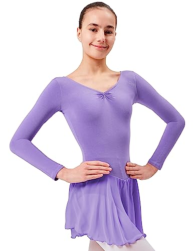 tanzmuster ® Ballettkleid Mädchen Langarm - Anna - aus weichem Baumwollstoff mit Glitzersteinen und Chiffon Röckchen fürs Kinder Ballett Ballettbodyin lavendel, Größe:152/158 von tanzmuster