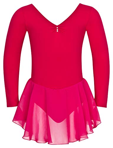 tanzmuster ® Ballettkleid Mädchen Langarm - Anna - aus weichem Baumwollstoff mit Glitzersteinen und Chiffon Röckchen fürs Kinder Ballett Ballettbodyin pink, Größe:104/110 von tanzmuster