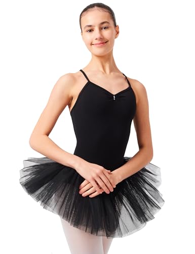 tanzmuster Ballettkleid Mädchen Tutu - Kim - weicher Baumwollstoff - Glitzersteine - Ballett Trikot mit Tüllrock für Kinder - schwarz, 152/158 von tanzmuster