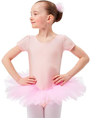 tanzmuster Kinder Ballett Trikot Ballettanzug Alina mit Tutu-Röckchen - Balletttutu aus 3-lagigem Tüll. Zauberhaftes Ballettkleid für Mädchen in Hellrosa, Größe:140/146 von tanzmuster