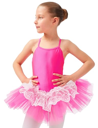 tanzmuster Ballettkleid Tutu Mädchen - Antonia - 3 Lagen Tüll und Spitze - glänzendes Lycra - Ballett Trikot mit Tüllrock in pink, 104/110 von tanzmuster