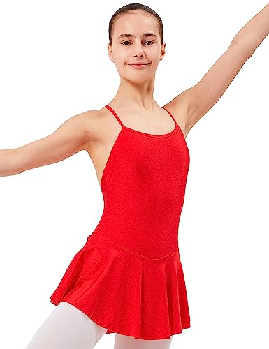 tanzmuster Kinder Ballettanzug Sophie mit Röckchen und am Rücken gekreuzten Spaghettiträgern. Hübsches Träger Ballettkleid aus glänzendem Material in rot, Größe:116/122 von tanzmuster