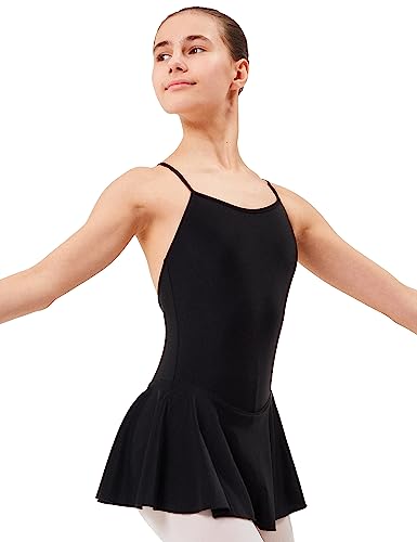 tanzmuster Kinder Ballettanzug Sophie mit Röckchen und am Rücken gekreuzten Spaghettiträgern. Hübsches Träger Ballettkleid aus glänzendem Material in schwarz, Größe:116/122 von tanzmuster