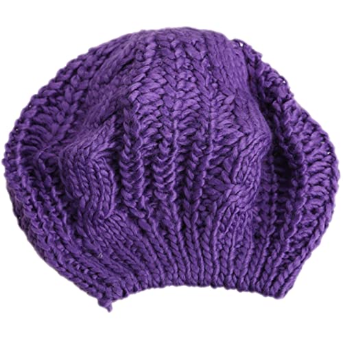 tcax Baskenmütze Damen Warme Winter-Damen-Baskenmütze, Gestrickte Baggy-Beanie-Mütze, Mehrfarbige Skimütze, Einfarbig, Große Knospen, Twist-Ball-Strickmütze, Lila, Einheitsgröße tcax Baskenmütze Damen Warme Winter-Damen-Baskenmütze, Gestrickte Baggy-Beanie-Mütze, Mehrfarbige Skimütze, Einfarbig, Große Knospen, Twist-Ball-Strickmütze, Lila, Einheitsgröße von tcax
