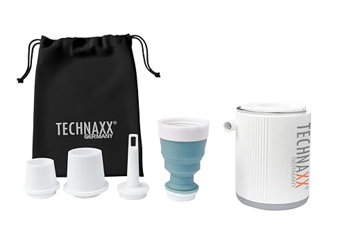 Technaxx Mini-Akku-Luftpumpe TX-261 mit 1360 mAh Akku zum Aufblasen von Luftmatratzen, aufblasbaren Betten, Kissen, Schwimmringen und Spielzeug - 5 Düsen, Ladekabel, Aufbewahrungstasche von technaxx