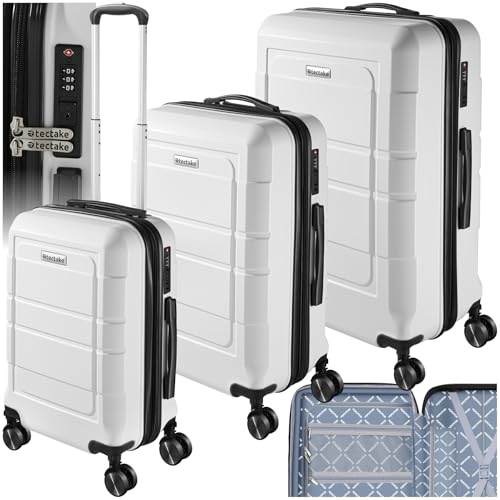 tectake® Kofferset 3 teilig, Koffer & Trolleys, Koffer Set für Flugzeug, Business, Reise, mit TSA Schloss, Hartschalenkoffer mit Rollen, Reisekoffer groß, Rollkoffer - weiß von tectake