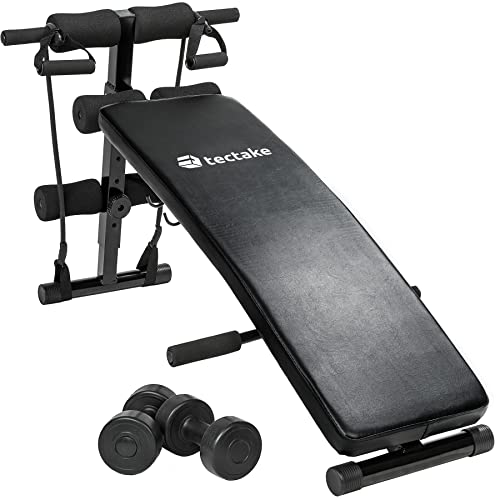 tectake Bauchtrainer 129 x 70 x 55 cm, multifunktionale Sit-up Bank aus Stahl, 5-fach höhenverstellbar, gepolstert, klappbar, belastbar mit gepolsterter Beinfixierung inkl. Hanteln und Trainingsseilen von tectake