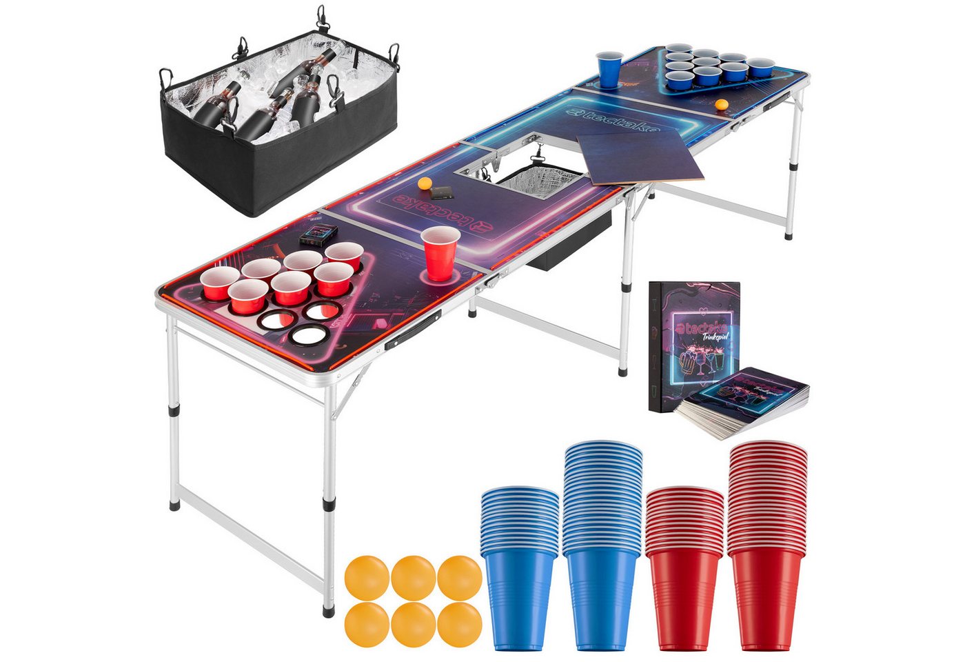 tectake Spieltisch Bierpongtisch, aus Aluminium, mit Eisfach, Becherlöchern, LED-Beleuchtung von tectake