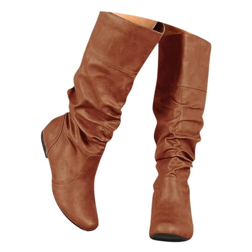 ticticlily Damen Hohe Stiefel Winter Schuhe Warme Leder Reitstiefel Niedrige mit Absatz Komfort Beiläufige Schnalle Langschaft Kniehohe Stiefel A Braun 43 EU von ticticlily