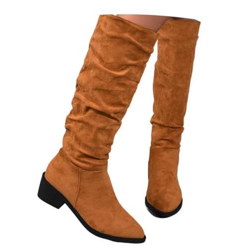 ticticlily Damen Hohe Stiefel Winter Schuhe Warme Leder Reitstiefel Niedrige mit Absatz Komfort Beiläufige Schnalle Langschaft Kniehohe Stiefel G Braun 35 EU von ticticlily