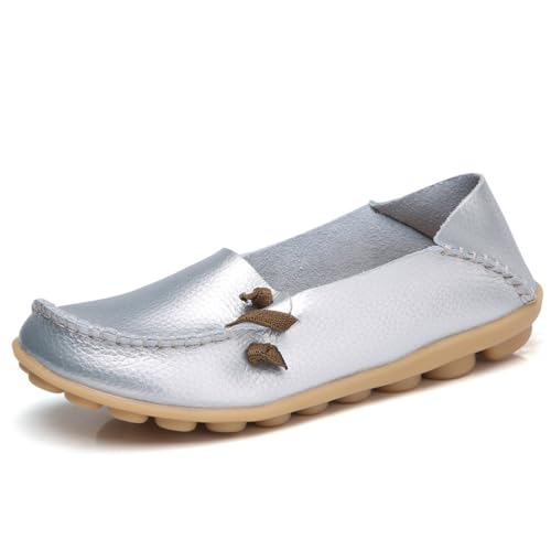 ticticlily Damen Mokassins Leder Halbschuhe Sommer Atmungsaktive Weiche Walking Schuhe Frauen Slip On Loafers B Silber 41 EU von ticticlily