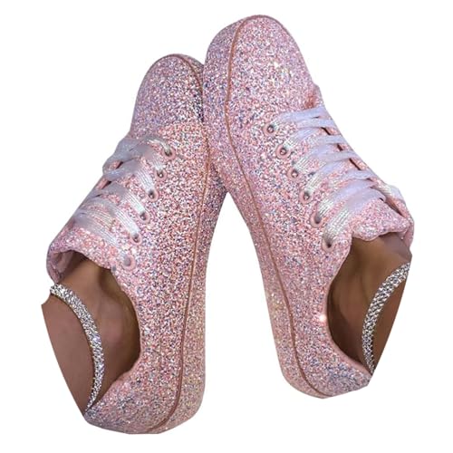 ticticlily Damen Schuhe Mode Strass Pailletten Beiläufig Sport Outdoor Leichtgewichts Laufschuhe Schnürsenkel Walkingschuhe Wanderschuhe A Rosa 42 EU von ticticlily