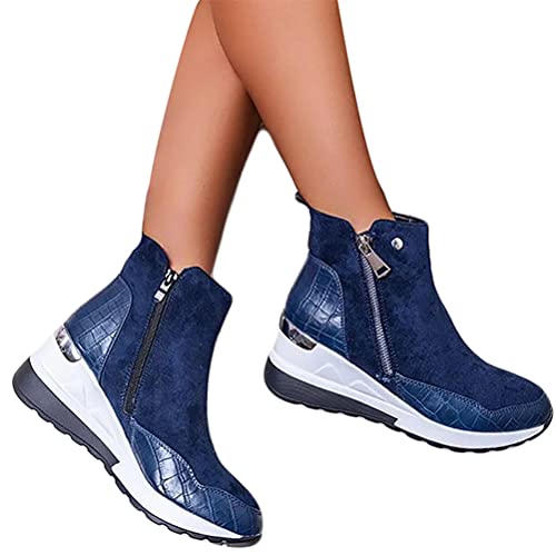 ticticlily Damen Stiefel Schrägabsatz Flache Stiefeletten Ankle Boots Retro Schuhe Flache Unterseite Kurze Stiefel Wildlederstiefel Mode Herbst Winter Blau 40 EU von ticticlily