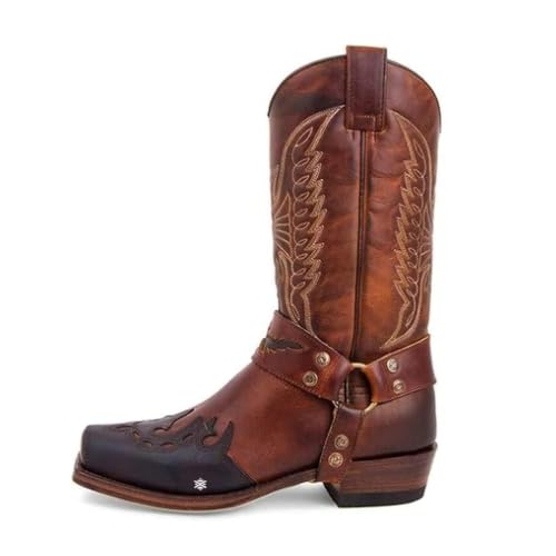 ticticlily Herren Cowboystiefel Breit Klassisch Leder Vintage Mittlere Wade Westernstiefel Stickerei Spitzer Zehenbereich Blockabsatz Schlupfstiefel Lange Stiefel Braun 43 EU von ticticlily