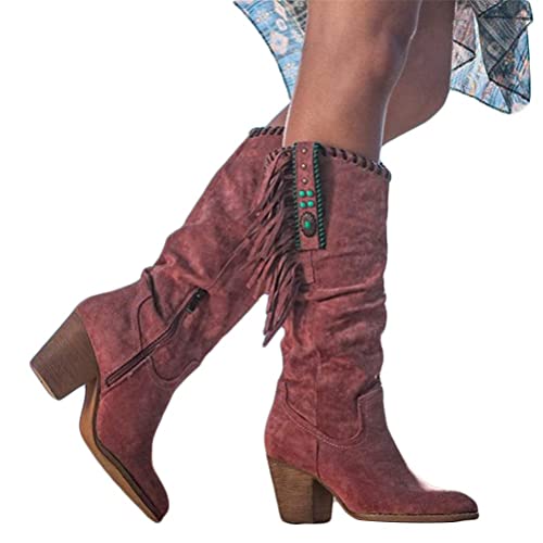 ticticlily Kniehohe Stiefel für Damen Slouchy Spitze Zehe Seitlicher Reißverschluss Stiefel mit Mittlerem Chunky Heel Retro Fransen Stiefel Dicke Hochhackige Winterstiefel Rot 37 EU von ticticlily