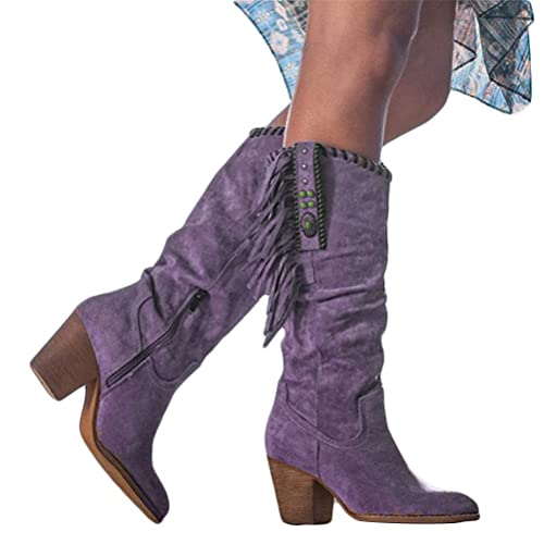 ticticlily Kniehohe Stiefel für Damen Slouchy Spitze Zehe Seitlicher Reißverschluss Stiefel mit Mittlerem Chunky Heel Retro Fransen Stiefel Dicke Hochhackige Winterstiefel Violett 39 EU von ticticlily