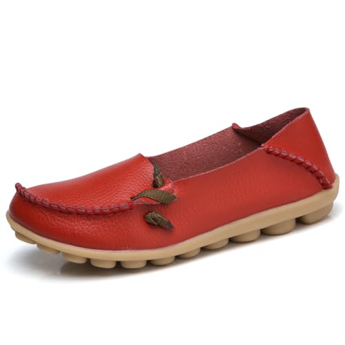 ticticlily Mokassins Damen Schuhe Sommer Bootsschuhe Vintage Weiches Leder Halbschuhe rutschfest Driving Slip On Loafers Flache Wanderschuhe Freizeit Lauflernschuhe B Rot 35 EU von ticticlily