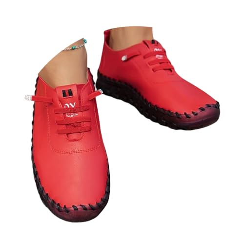 ticticlily Segelschuhe Damen Mokassins Casual Loafers Komfort Leder Flache Schnürschuhe Bootsschuhe Bequem rutschfest Flache Fahren Halbschuhe Casual Slippers A Rot 39 EU von ticticlily