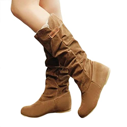 ticticlily Stiefel Damen Lange Stiefel Slip-On Langschaftstiefel Wildleder Warme Kniehoch Stiefel Hohe Stiefel Overknees C Khaki 36 EU von ticticlily